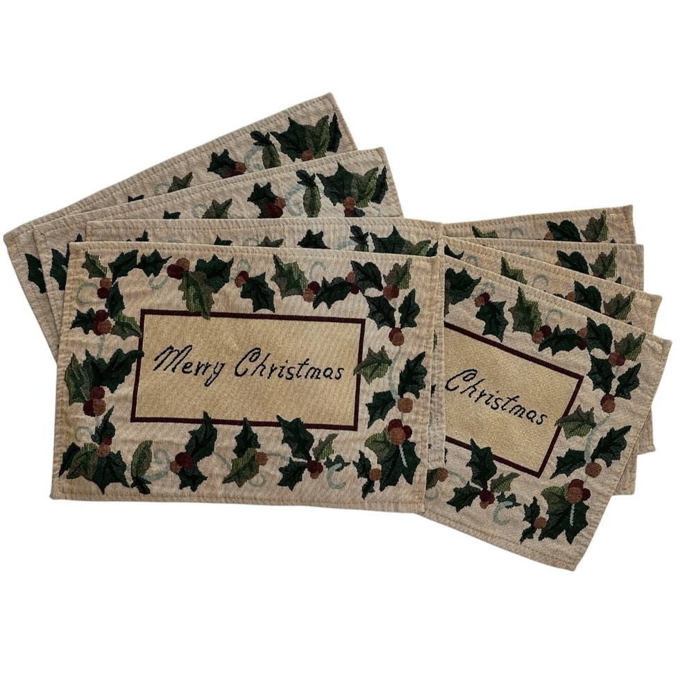 Merry Christmas Holly & Berries Tapestry Fabric Rectangular Placemats Set of 8